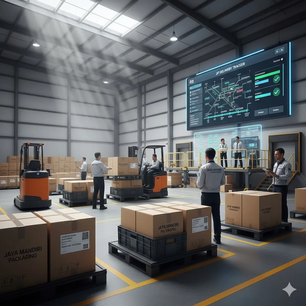 Lini logistik gudang dengan forklift dan pemantauan stok.
