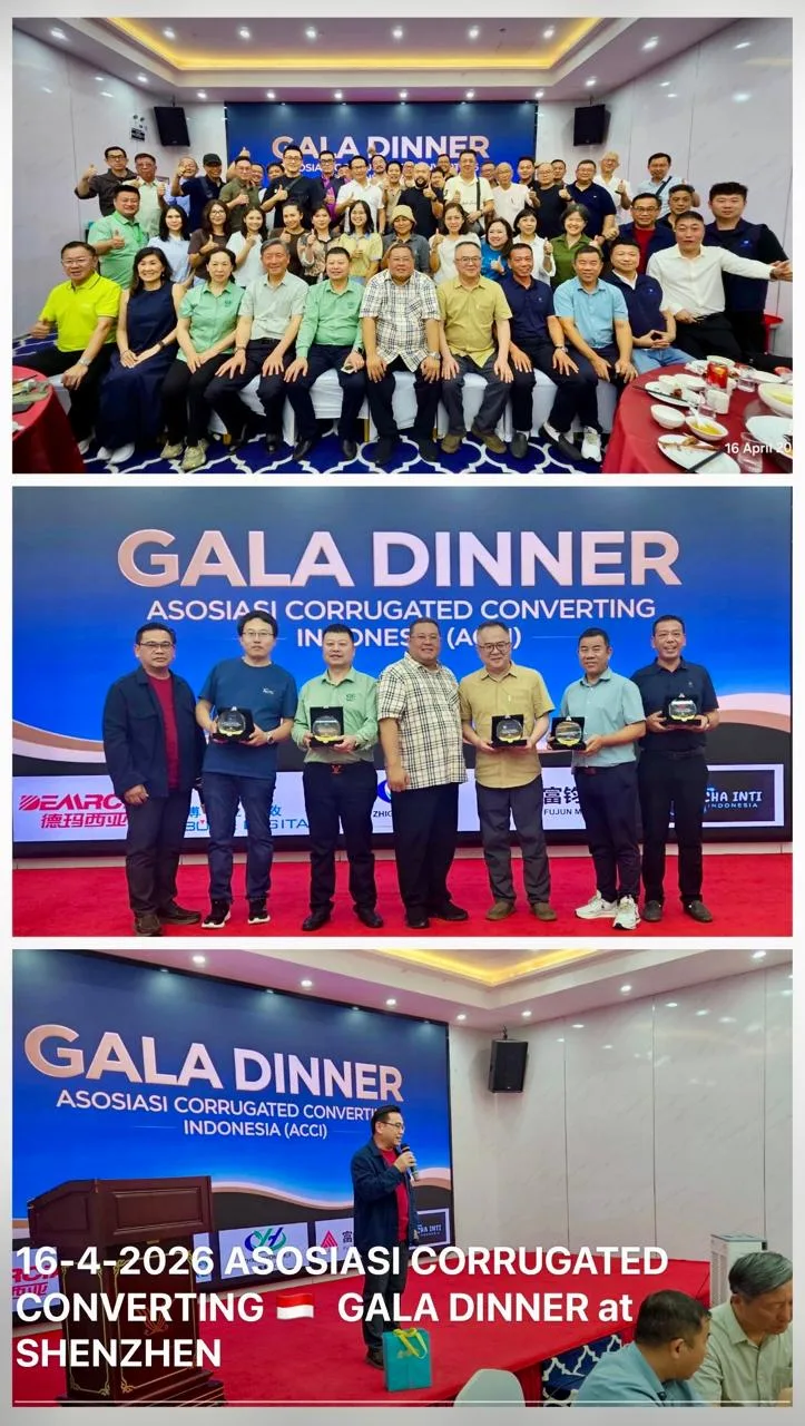 Rangkaian foto gala dinner ACCI: penyerahan plakat kepada para sponsor di atas panggung, dan sambutan di podium.