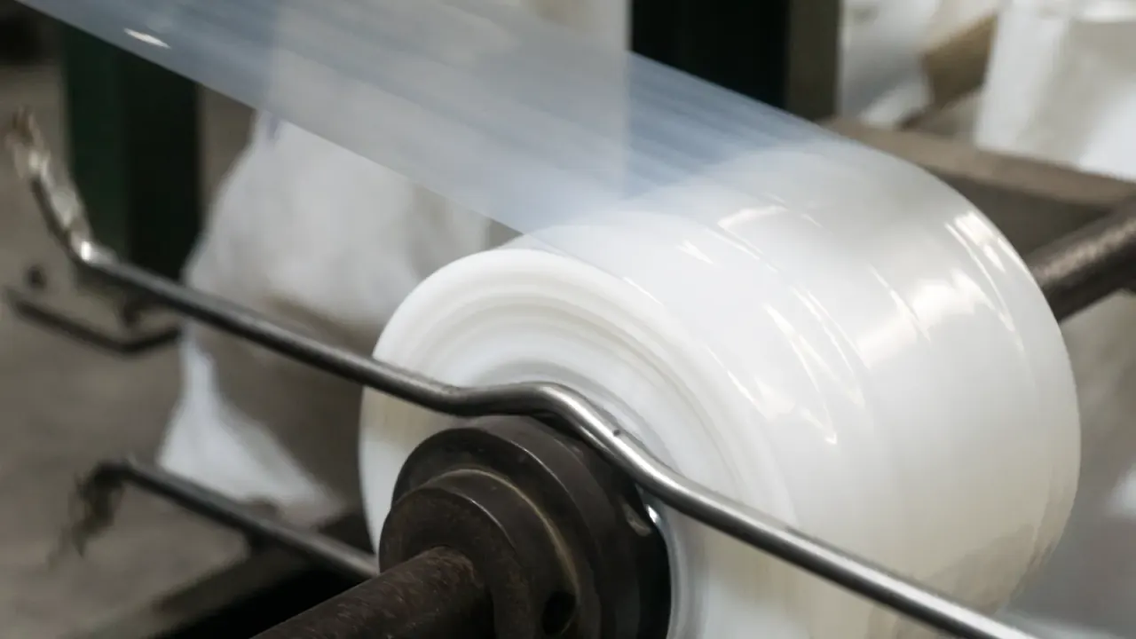 Film LDPE bening JMP mengalir di mesin extrusion — bahan dasar polybag dan roll bag.